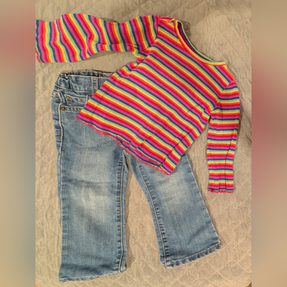 2T Colorful Striped Shirt and Denim Jeans Set